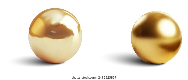 A realistic 3D illustration of two golden spheres with reflective surfaces, isolated on a white background. Ideal for designs related to luxury, decoration, and minimalism.