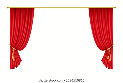 Realistic 3D illustration of upper valance red curtains, ideal for decorative stage embellishment in theaters, concerts, and dramatic events.