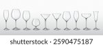 Realistic 3D illustration of various transparent glass wine, champagne, and cocktail glasses. Ideal for bar, restaurant, and beverage presentation.