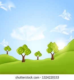 Realistic 3d illustration. Vector trees, field, sky with clouds. Sunrise, nature illustration.
