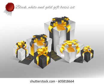 Realistic 3D illustration of white and black gift boxes with golden ribbons and bows and little accessories for celebrations, showers, special days. Vector set with grouped elements.