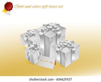 Realistic 3D illustration of white gift boxes with ribbons and bows and little accessories for celebrations, showers, special days. Vector set with grouped elements.