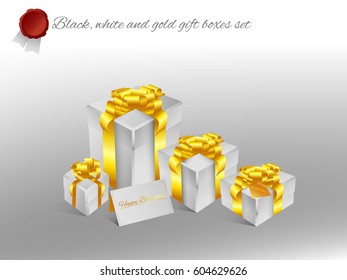 Realistic 3D illustration of white gift boxes with golden ribbons and bows and little accessories for celebrations, showers, special days. Vector set with grouped elements.