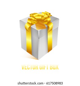 Realistic 3D illustration of white gift box with golden ribbons and bows for celebrations, showers, special days. Vector set with grouped elements.