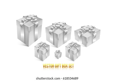Realistic 3D illustration of white gift boxes with white ribbons and bows for celebrations, showers, special days. Vector set with grouped elements.