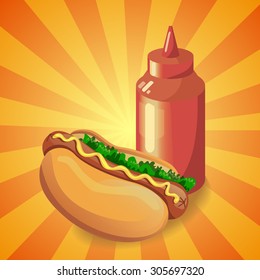 Realistic 3d image of ketchup and american hot dog sandwich with lettuce and mustard. Cartoon design element for a fast food restaurant and menu card. Poster template.