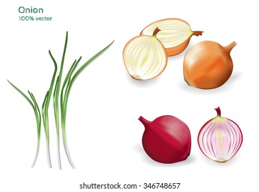 Realistic 3d image of yellow, red and green onions.