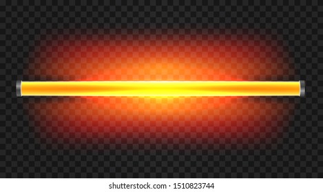 Realistic 3d infrared long fluorescent light tube isolated on transparent background. Bright illuminated luminescence lamp. Vector illustration.