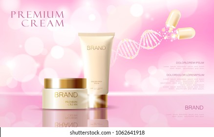 Realistic 3D innovation cosmetic DNA helix golden package makeup face care blue sky glowing blur drug capsule medicine center vector illustration