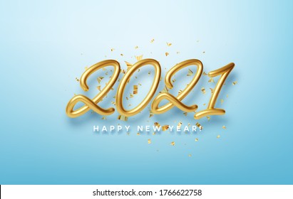 Realistic 3d inscription 2021 with golden confetti isolated on blue background. Golden shiny lettering. Vector illustration EPS10