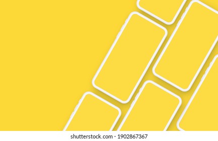 Ilustración del Vector de Mockup de plantilla 3D realista para teléfonos móviles. Perspectiva frontal sobre fondo amarillo.