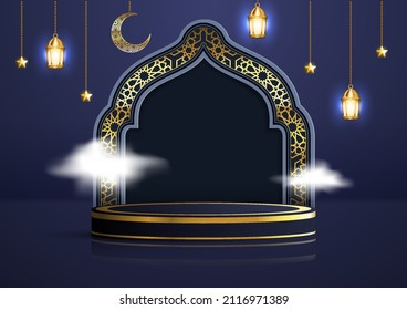 Realistic 3d Islamic celebration with Arabic ornament and product podium. Ramadan Kareem illustration for advertising, sales, and marketing in dark blue background design