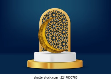 Realistic 3d Islamic celebration with islamic ornament and product podium. Vector 3D Illustration