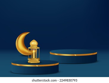 Realistic 3d Islamic celebration with islamic ornament and product podium. Vector 3D Illustration