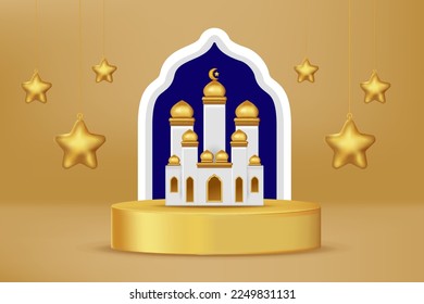 Realistic 3d Islamic celebration with islamic ornament and product podium. Vector 3D Illustration