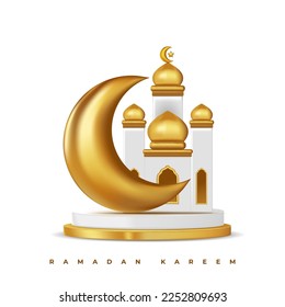 Realistic 3d Islamic celebration with islamic ornament and product podium. Vector 3D Illustration