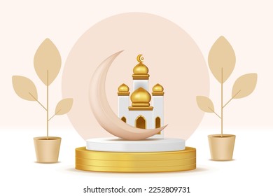 Realistic 3d Islamic celebration with islamic ornament and product podium. Vector 3D Illustration