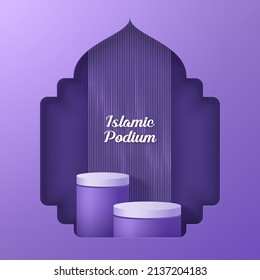 realistic 3d islamic vector podium in purple color with mosque frame window for ramadan or muslim festivity, eid al adha, muharam, eid al fitr, etc for social media banner