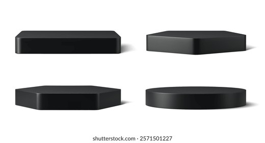 Realistic 3d isolated black podium stands. Vector pedestals for showcasing products, branding or advertising presentations. Isolated bases of hexagonal, pentagonal, circular or square geometric shapes