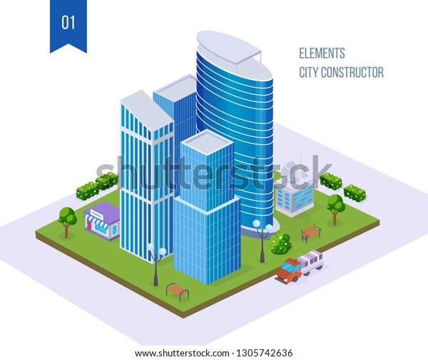 Realistic 3D isometric of city, megalopolis, with\
buildings, market shop, skyscrapers, city infrastructure, park.\
City map constructor elements, with high-rise business centers.\
Isometric vector.