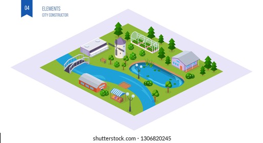 Realistic 3D isometric of country cottage area with buildings. City map constructor elements, with private house, farm, agricultural market, pond, mill, greenhouse on plot of land. Isometric vector.