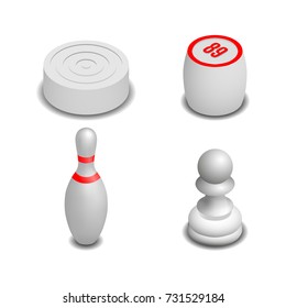Realistic 3D isometric game icons. Items to play bowling, chess, checkers and lotto. Isolated on white background, vector illustration.