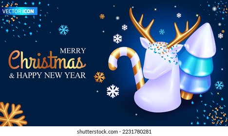 Realistic 3D Isometric greeting cards. Festive design, 3d render. Deer figure with golden horns decorated with sequins. Xmas horizontal poster, banner, header website.