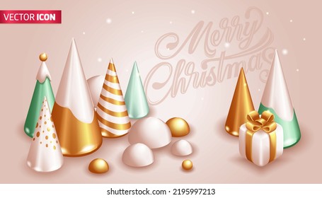 Realistic 3D Isometric illustration, Cartoon. Christmas trees in snow drifts, new year composition. Xmas minimal abstract background. Holiday greeting card. Vector.