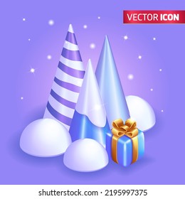 Realistic 3D Isometric illustration, Cartoon. Bright decoration with Christmas trees in the snow and a gift with a golden ribbon. Xmas abstract background. Holiday greeting card.