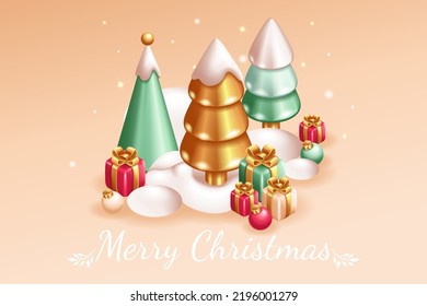 Realistic 3D Isometric illustration, Cartoon. Christmas trees in snow drifts, new year composition. Xmas minimal abstract background. Holiday greeting card, banner.
