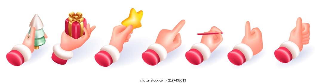 Realistic 3D Isometric illustration, Cartoon. Set of hand gestures of Santa Claus. Writes, gives a card, catches coins, points with his finger, class. Isolated on.