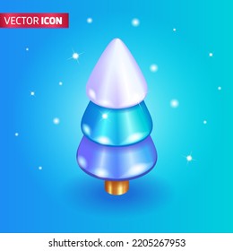 Realistic 3D Isometric illustration, Cartoon. Bright spectacular Christmas tree, sparkling with New Years lights. Xmas blue abstract background. Holiday greeting card.