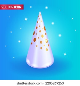 Realistic 3D Isometric illustration, Cartoon. Bright cone-shaped white Christmas tree on a beautiful blue background. Christmas card with New Year decorations. Vector for web Design.