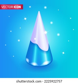 Realistic 3D Isometric illustration, Cartoon. Cone-shaped Christmas tree, sparkling with New Years lights. Xmas blue abstract background. Holiday greeting card