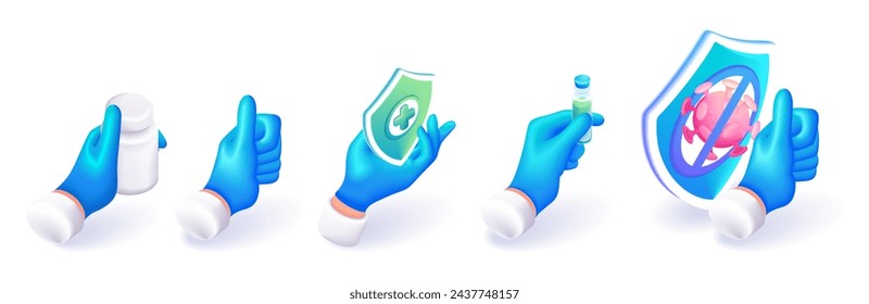 Realistic 3D Isometric illustration, Cartoon. Set of hand gestures of medical workers. Holds a jar of medicine, shows a shield, gives a vaccine, class. Isolated on white background