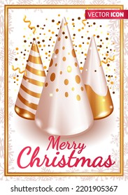 Realistic 3D Isometric illustration. Christmas poster, greeting card, web poster, flyer, holiday cover. Design with geometric minimalistic Christmas trees decoration. Merry Christmas.