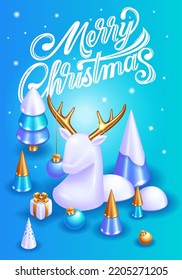 Realistic 3D Isometric illustration. Christmas card with New Year decorations. Christmas trees, gifts and a white deer with golden horns. Merry Christmas 2023 on blue background.
