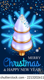 Realistic 3D Isometric illustration. Christmas cards, flyers, certificates, tags, posters. Bright white Christmas tree with golden edges on the background of a large snowflake.