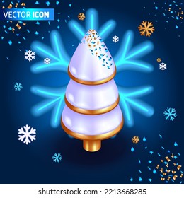 Realistic 3D Isometric illustration. Christmas with New Year decorations. Bright white Christmas tree with golden edges on the background of a large snowflake.