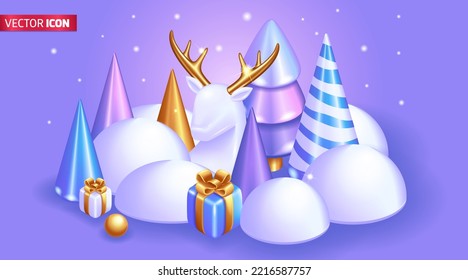 Realistic 3D Isometric illustration. Christmas card with New Year decorations. Christmas trees, gifts and a white deer with golden horns. Merry Christmas 2023. Vector for web Design