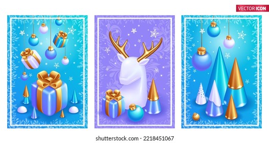 Realistic 3D Isometric illustration. Christmas set of backgrounds, greeting cards, web posters, holiday covers. Christmas trees decoration for flyer. Christmas trees and gift boxes.