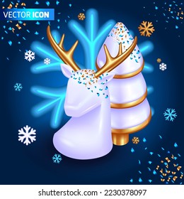 Realistic 3D isometric illustration. Christmas with Christmas decorations for postcards. Figure of a white deer on the background of a large snowflake.