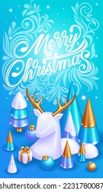 Realistic 3D Isometric illustration. Christmas card with New Year decorations. Christmas trees, gifts and a white deer with golden horns. Merry Christmas 2023.