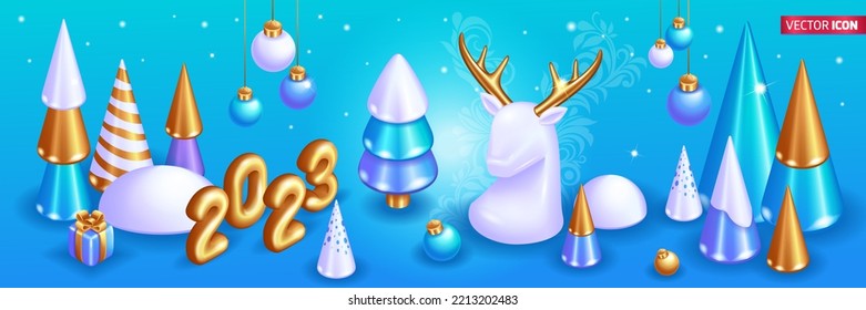 Realistic 3D Isometric illustration. Conical abstract golden Christmas trees. White Deer. Christmas balls are hanging on a ribbon. Bright winter festive composition. Greeting.