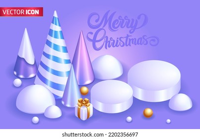 Realistic 3D Isometric illustration. 3D geometric minimalistic Christmas trees decoration for flyer. Xmas abstract background. Holiday greeting card. Vector for website.