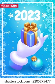 Realistic 3D Isometric illustration. Happy New Year 2023, Christmas trees decoration. Santa Claus's hand holds a gift box decorated with a gold ribbon. Holiday.