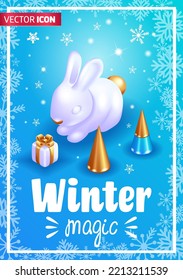 Realistic 3D Isometric illustration. Happy New Year 2023. Festive poster with a white rabbit and Christmas decor. Cone-shaped Christmas trees and a gift box with a gold ribbon. Winter magic.