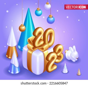Realistic 3D Isometric illustration. Happy New Year 2023. Realistic Gold Metal Number gift box. Christmas poster, banner, cover, brochure, flyer, layout design. Vector for Design.