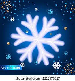 Ilustración 3D isométrica realista. Gran copo de nieve blanco sobre un fondo azul oscuro. Luminosa ilustración de la decoración de Año Nuevo y Navidad.