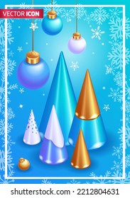 Realistic 3D Isometric illustration. Merry Christmas and Happy New Year 2023. Cone Christmas trees for decoration, a blue gift box with a gold ribbon. Festive balloons hanging from the top
